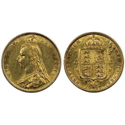 158 - 1887 Half sovereign, Victoria. Obv. Jubilee bust, shield reverse. Imperfect J in JEB appearing as IE... 