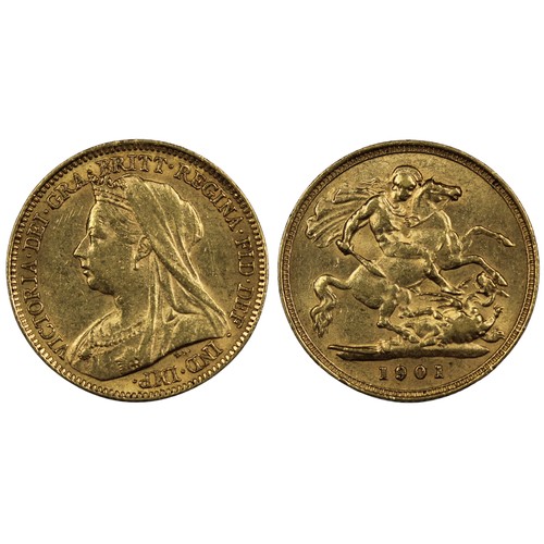 174 - 1901 Half sovereign, Victoria. Obv. veiled bust. Small lamination flaw through chest of horse. VF. [... 