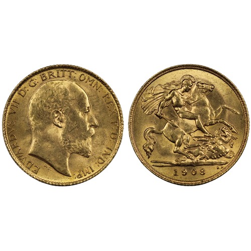 182 - 1908 Half sovereign, Edward VII. Reverse B with B.P. in exergue. Scratch behind St. George & sma... 