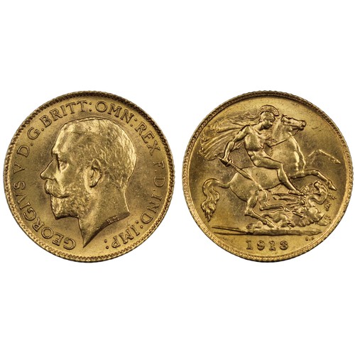 196 - 1913 Half sovereign, George V. Underlying lustre, a few obverse hairlines. aEF/gVF. [Marsh 528, S.40... 