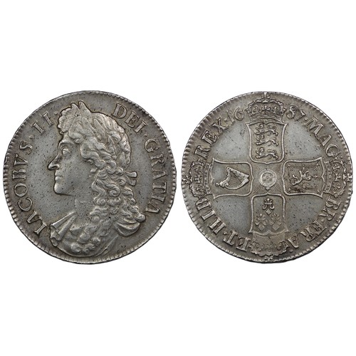 100 - 1687 Crown, James II. Edge TERTIO. Rev. 6 strings in harp. Light hay-marking and perhaps once cleane... 