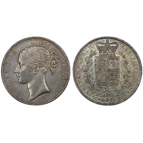 121 - 1847 Crown, Victoria. Cinquefoil stops on edge. Patchy toning to the obverse. Overall VF. [ESC 286, ... 