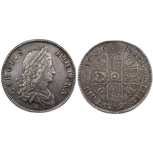 85 - 1662 Crown, Charles II. Rose below bust, undated edge DECVS ET TVTAMEN. 9 strings in harp, stop afte... 