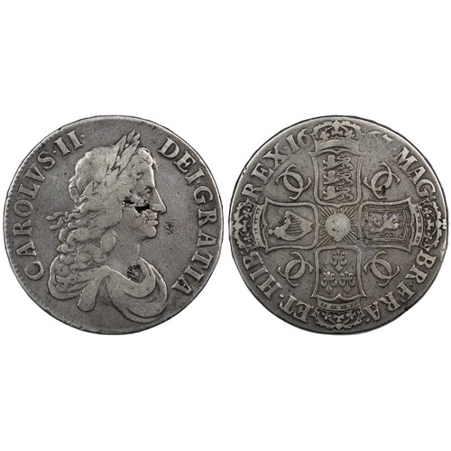 87 - 1667 Crown, Charles II. Edge DEMICO NONO, 5 strings in harp. A few notable obverse dinks. gFine over... 