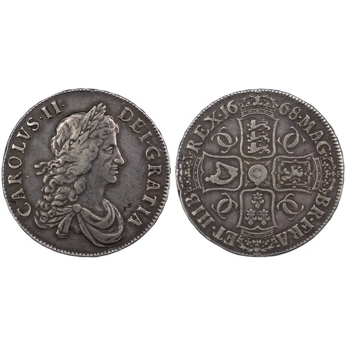 88 - 1668 Crown, Charles II. Edge VICESIMO. 7 strings in harp. Deeply toned; attractive in hand. VF. [ESC... 