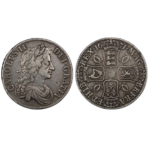 89 - 1671 Crown, Charles II, edge VICESIMO TERTIO. Obv. 3rd bust, Rev. 8 strings in harp. Contrasting ton... 