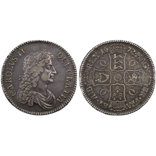 90 - 1672 Crown, Charles II, edge VICESIMO QVARTO. Obv. 3rd bust, Rev. 7 strings in harp. Richly toned, s... 