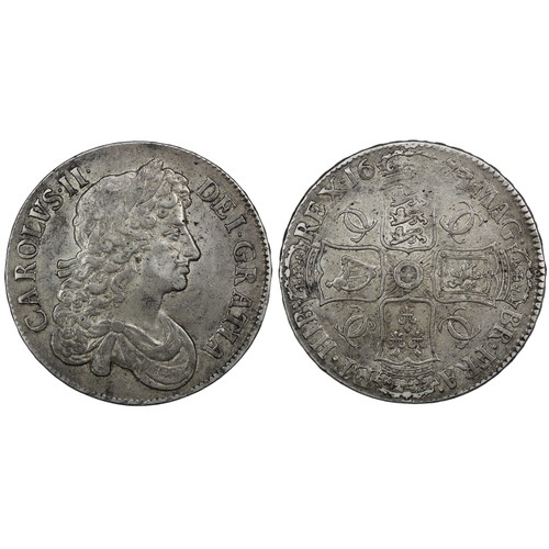 93 - 1673/2 Crown, Charles II, edge VICESIMO QVINTO. Obv. 3rd bust, Rev. 7 strings in harp. Some weakness... 