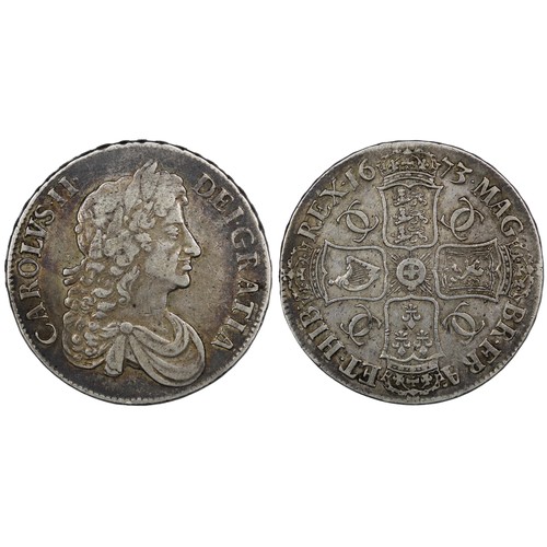 92 - 1673 Crown, Charles II, edge VICESIMO QVINTO. Obv. 3rd bust, Rev. 8 strings in harp. gFine/nVF. [ESC... 