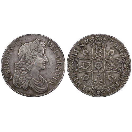 91 - 1673 Crown, Charles II, edge VICESIMO QVINTO. Obv. 3rd bust, Rev. 7 strings in harp. A bold example,... 