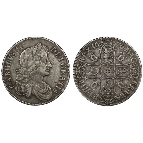 94 - 1676 Crown, Charles II, edge VICESIMO OCTAVO. Obv. 3rd bust, Rev. 7 strings in harp. Surfaces slight... 