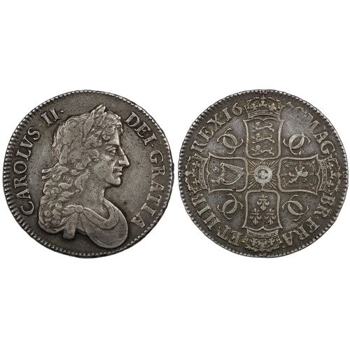 97 - 1679 Crown, Charles II, edge TRICESIMO PRIMO. Obv. 3rd bust, Rev. 6 strings in harp. A little weakne... 