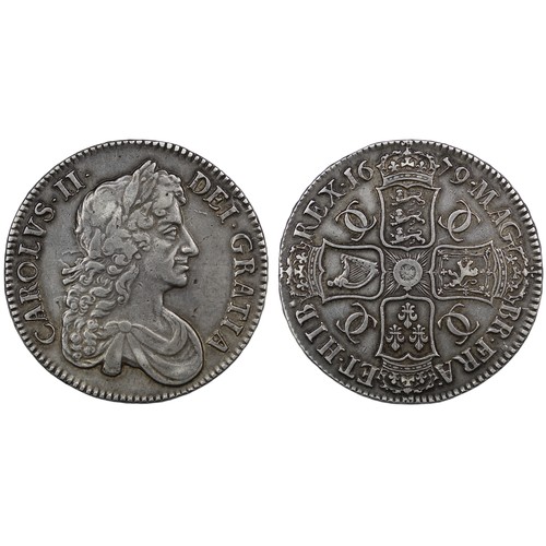 96 - 1679 Crown, Charles II, edge TRICESIMO PRIMO. Obv. 3rd bust, Rev. 7 strings in harp. Small laminatio... 