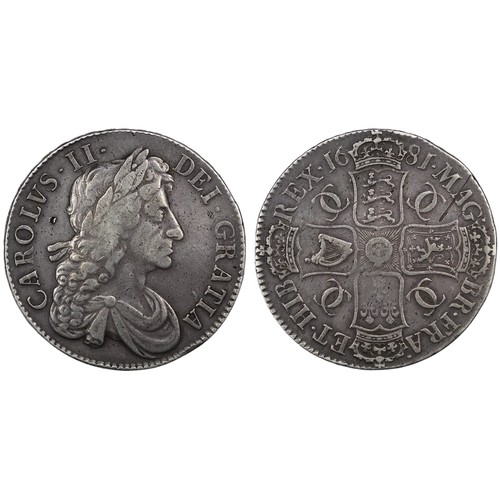 98 - 1681 Crown, Charles II, edge TRICESIMO TERTIO. Obv. 4th bust, Rev. 9 strings in harp. Dig in obverse... 