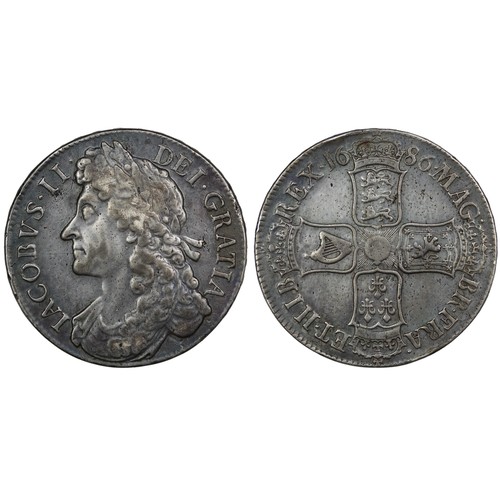 99 - 1686 Crown, James II. Edge SECVNDO, stops to both obverse & reverse legends. Rev. 5 strings in h... 