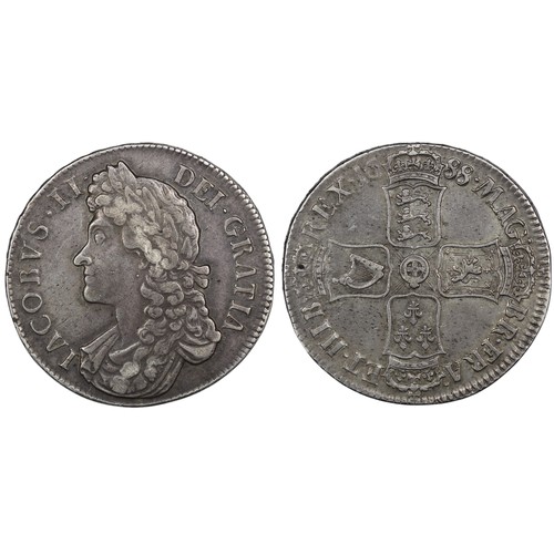 104 - 1688 Crown, James II. Edge QVARTO. Rev. 7 strings in harp. Cleaned, VF or better. [ESC 80, Bull 746,... 