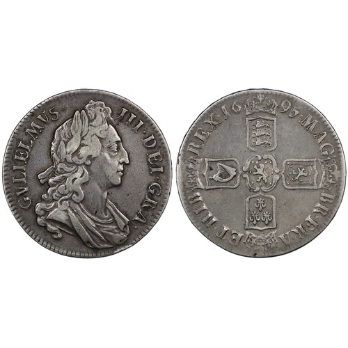 107 - 1695 Crown, William III, edge SEPTIMO. Obv. first bust, harp and shield. Rev. with 6 strings in harp... 