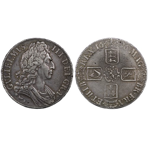 109 - 1696 Crown, William III, edge OCTAVO. Obv. third bust, first harp and shield. Rev. with 6 strings in... 