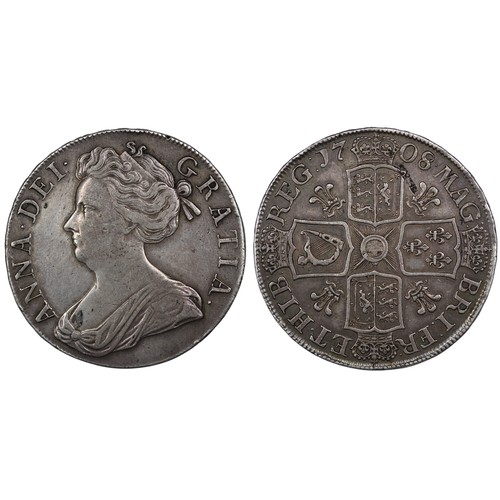 114 - 1708 Crown, plumes in angles, Queen Anne. Edge SEPTIMO. Reverse legend MAG:BRI:FR• ET•HIB:REG:. 9 st... 