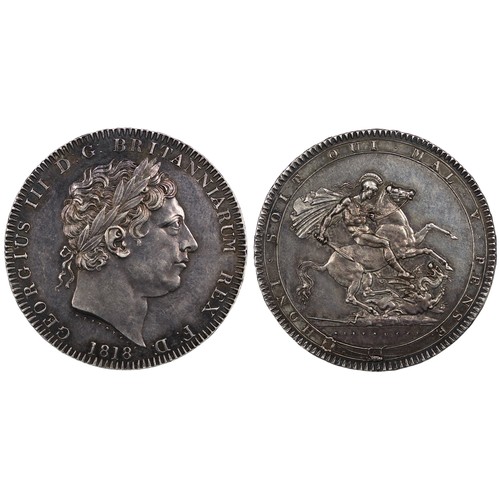 118 - 1818 Crown, George III, edge LIX. Reverse garter legend heavily recut with multiple areas appearing ... 