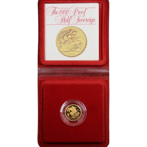 224 - 1980 Proof half sovereign, Elizabeth II. Obverse portrait by Arnold Machin. A couple of minor marks ... 