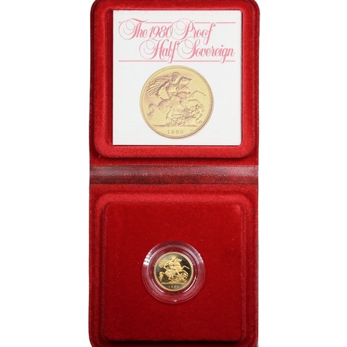 225 - 1980 Proof half sovereign, Elizabeth II. Obverse portrait by Arnold Machin. Spot behind St. George b... 