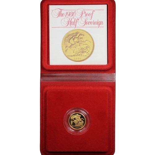 223 - 1980 Proof half sovereign, Elizabeth II. Obverse portrait by Arnold Machin. Trivial reverse mark oth... 