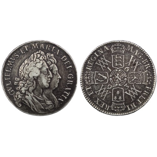 61 - 1693 Halfcrown, William & Mary. WM monogram in angles. 6 string in harp, 14 billets around lion.... 