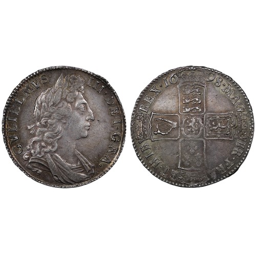 62 - 1698 Halfcrown, William III. Edge DECIMO. 7 strings to harp with 7 billets around the lion. Attracti... 