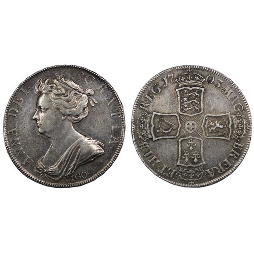 63 - 1703 VIGO Halfcrown, Queen Anne, edge TERTIO. 6 strings in harp. Struck from silver captured from Sp... 