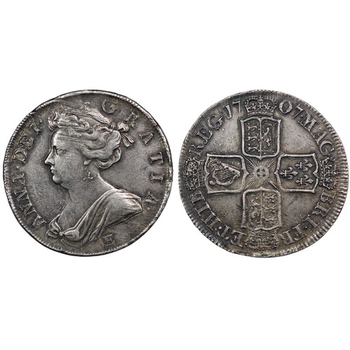 67 - 1707E Halfcrown, plain angles, Queen Anne. Edge SEXTO, Edinburgh mint with E below second bust. 7 St... 