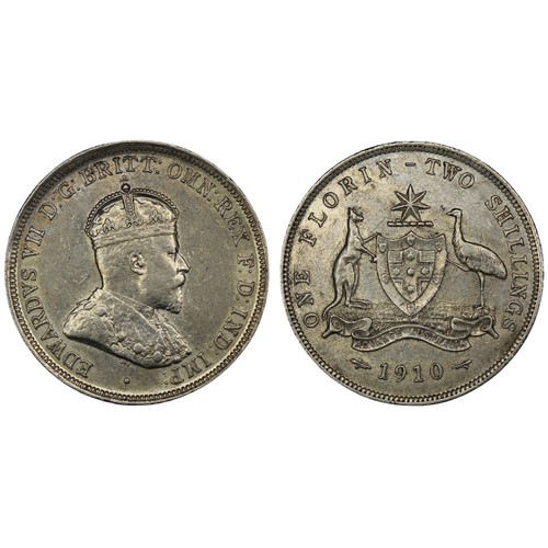 308 - Australia, 1910 Florin, Edward VII. A key date in the Australian florin series and seldom found abov... 