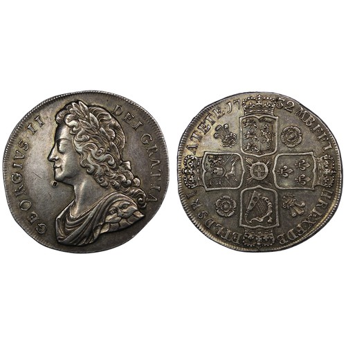 115 - 1732 Crown, George II, edge SEXTO. Obv. young laureate and draped bust, Rev. roses & plumes in a... 