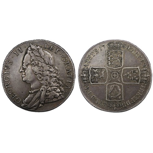 117 - 1750 Crown, George II, edge VICESIMO QVARTO. Obv. old laureate and draped bust, Rev. plain angles. 8... 