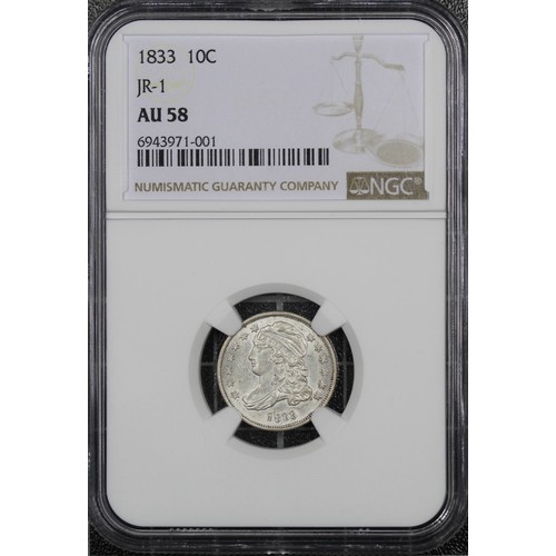 318 - USA, NGC AU58 1833 10 cents dime. Type JR-1 (regular strike). A most attractive example with light t... 