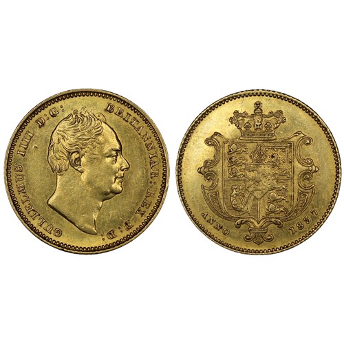 135 - 1837 Half sovereign, William IV. Obv. bare head, Rev. crowned shield and mantle. A charming example,... 