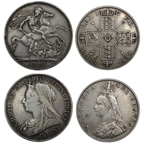 128 - Pre-1920 silver coins (2) comprising 1896 crown (LX) & 1887 double florin (Roman I in date). gFi... 