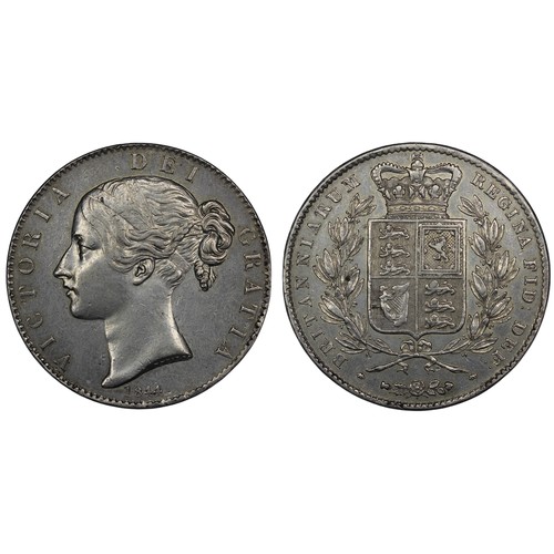 120 - 1844 Crown, Victoria. Star stops on edge. Cleaned with notable hairlines, VF/gVF. [ESC 280, Bull 256... 