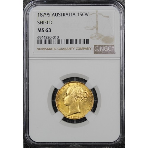 230 - Australia, 1879-S Sovereign, NGC MS63, Victoria young head. Sydney mint, shield reverse. Lustrous, U... 