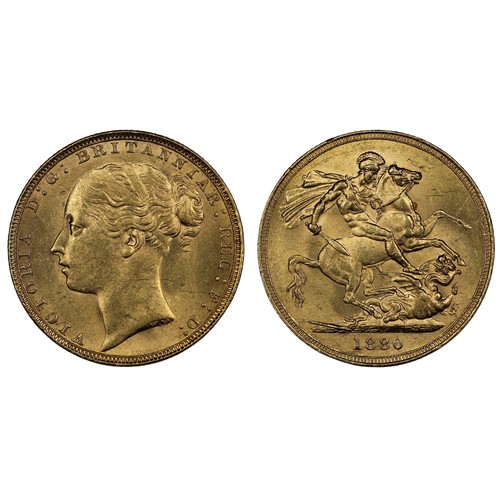 229 - 1880 Sovereign, Victoria young head, St. George & Dragon reverse. Stated on old Spink & Son ... 