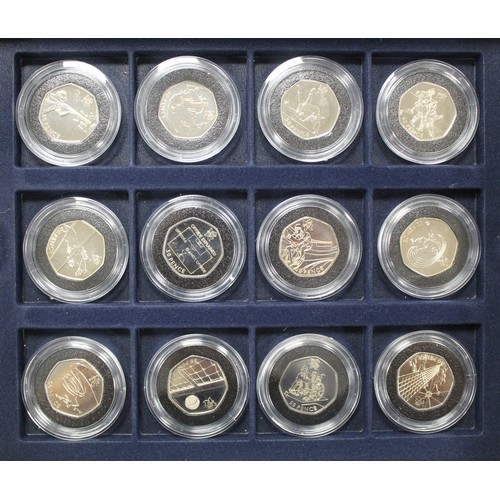 254 - BUNC London 2012 Olympics 50p collection housed in 3-tier display case. Missing COA's and the majori... 