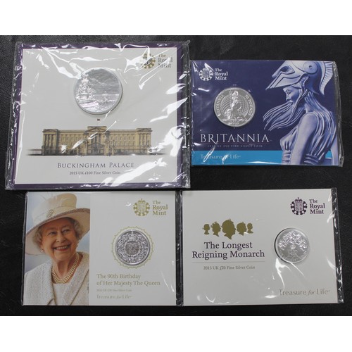 307 - A selection of BUNC fine silver coins comprising 2015 Buckingham Palace £100, 2015 Britannia £50, 20... 