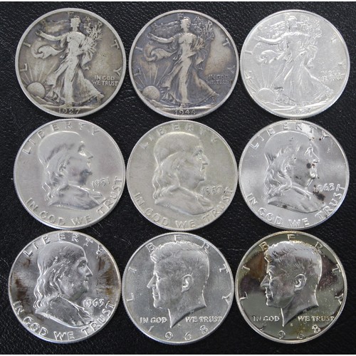 326 - USA, assortment of half dollars (9) comprising 1927-S, 1944, 1947, 1951, 1957-D, 1963 (2), 1968-D &a... 