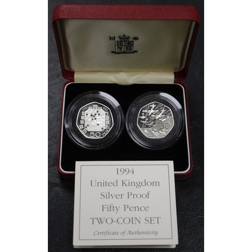 247 - 1994 Silver proof 50p 2-coin set comprising 1992-1993 Dual date & 1994 D-Day coins. Both about a... 