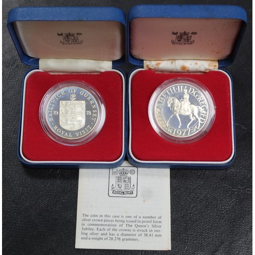 306 - Silver proof crowns (2) comprising 1977 Silver Jubilee and 1978 Guernsey Royal Visit. Both with hazi... 