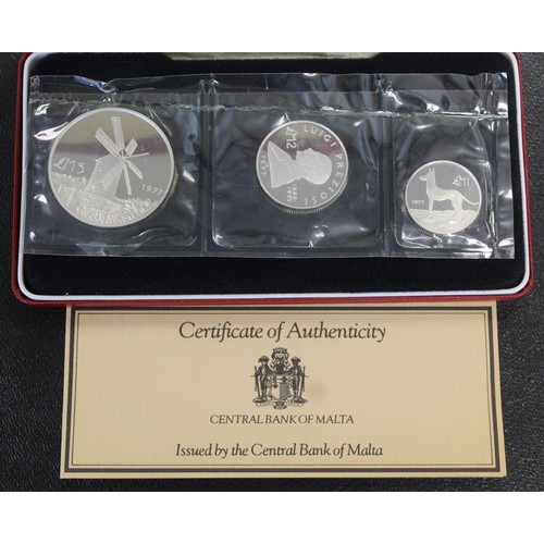 337 - Malta, 1977 silver proof 3-coin set comprising £5, £2 and £1. As issued, sealed and presented in red... 