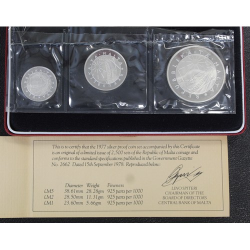 337 - Malta, 1977 silver proof 3-coin set comprising £5, £2 and £1. As issued, sealed and presented in red... 