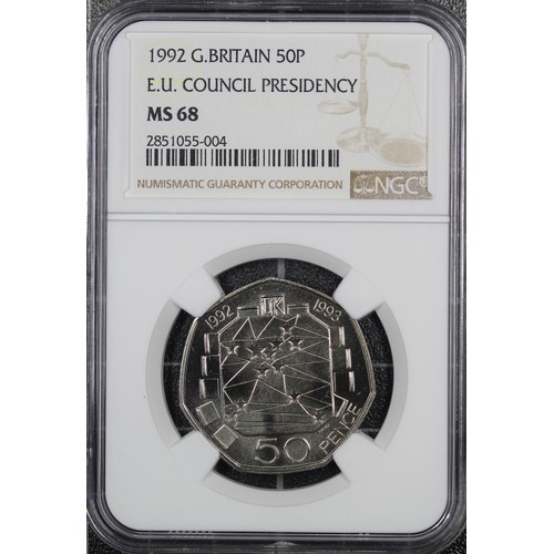 246 - 1992 EEC Dual-date 50p, NGC MS68DPL, Elizabeth II. One of the key coins in the 50p series. Choice UN... 