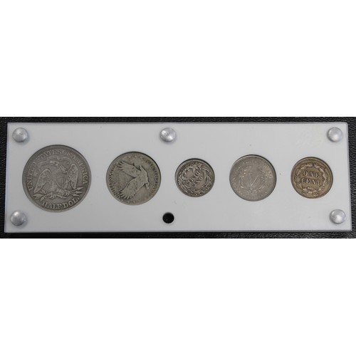 319 - USA, a small type-set assortment (5) comprising 1866 half dollar, standing liberty quarter dollar (d... 