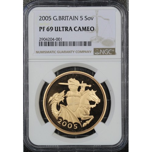 238 - NGC PF69 Ultra Cameo 2005 Proof 5 sovereigns/five pounds, Elizabeth II. Special reverse design with ... 